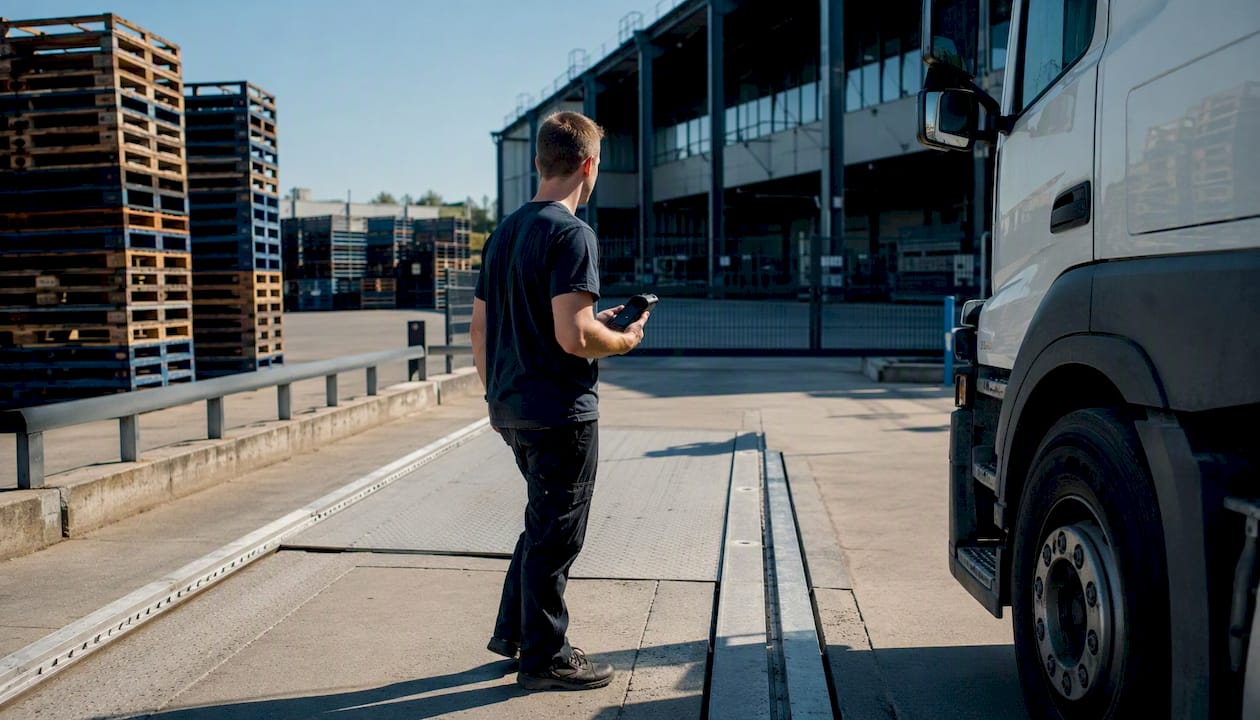 Een logistiek medewerker controleert het gewicht van een vrachtwagen op de weegbrug.
