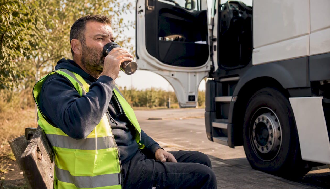 Een vrachtwagenchauffeur geniet van zijn pauze en zit even buiten naast zijn truck uit te rusten.