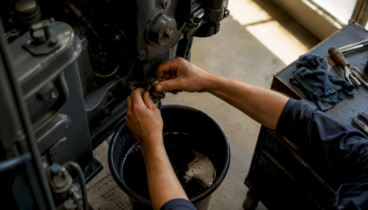 Een monteur is bezig met het verversen van de olie in een machine.