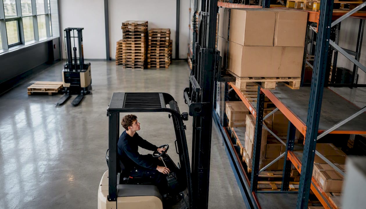 Leerling rijdt op een heftruck in het magazijn