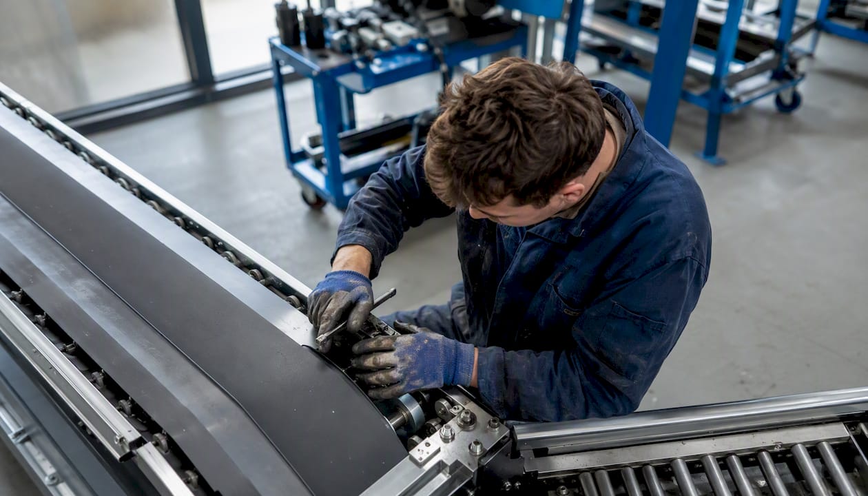 Monteur bezig met het in elkaar zetten van logistieke machines