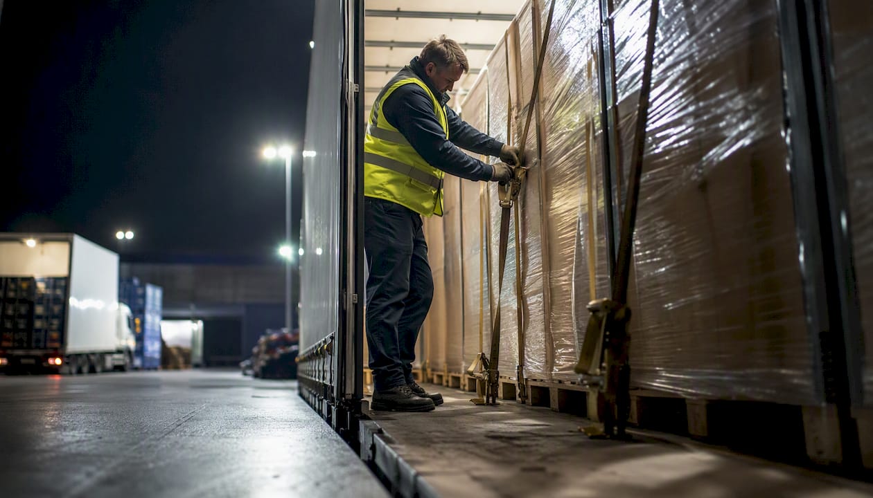 Een logistiek medewerker zorgt ervoor dat de lading in de vrachtwagen tijdens de nacht veilig wordt vastgezet.