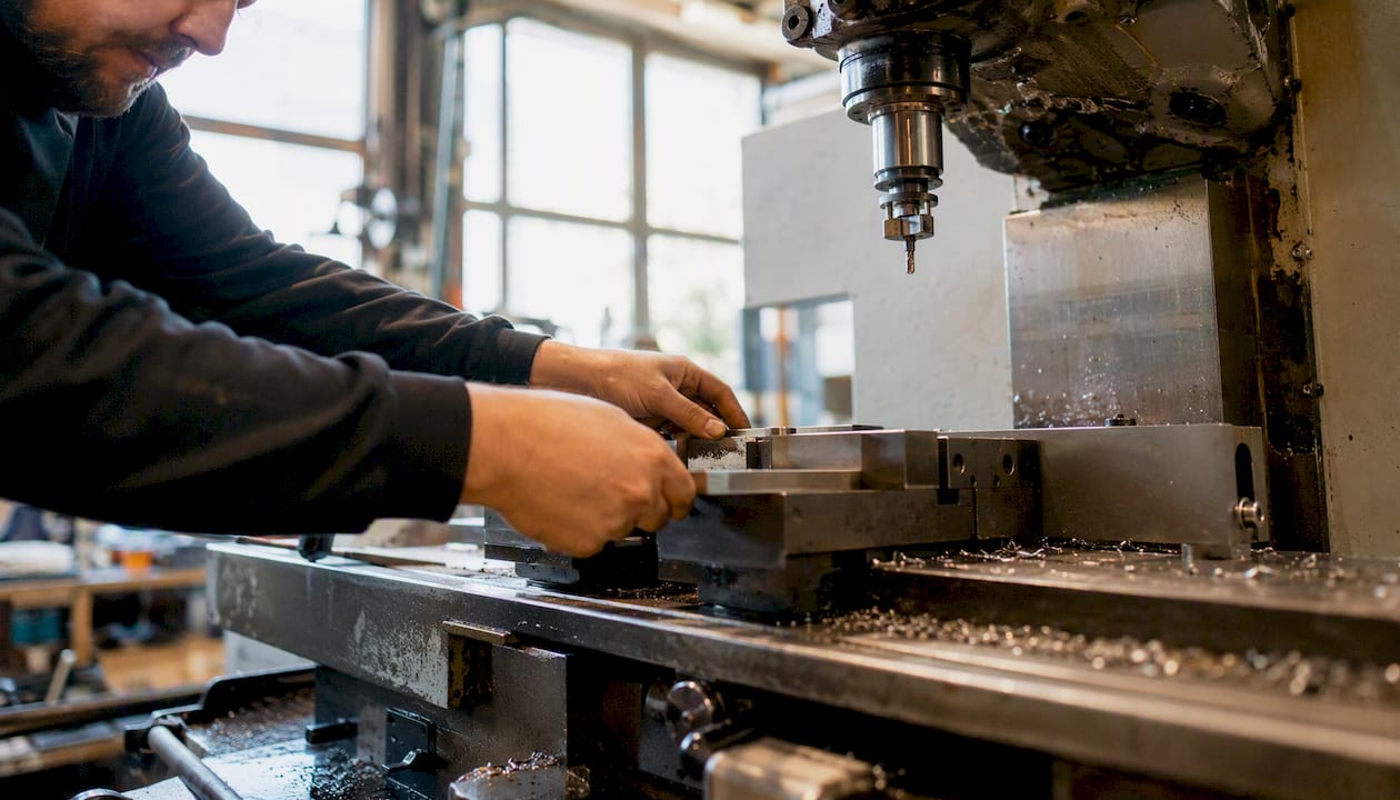Iemand plaatst metalen onderdelen in een CNC-machine.