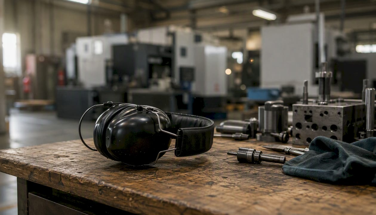 Gehoorbescherming ligt op de metalen werkbank.