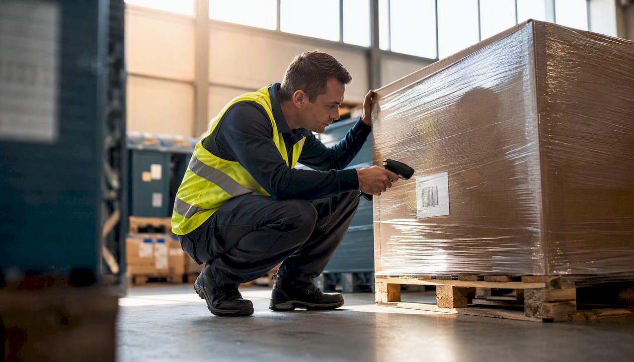 Een magazijnmedewerker controleert de binnenkomende goederen met een scanner.