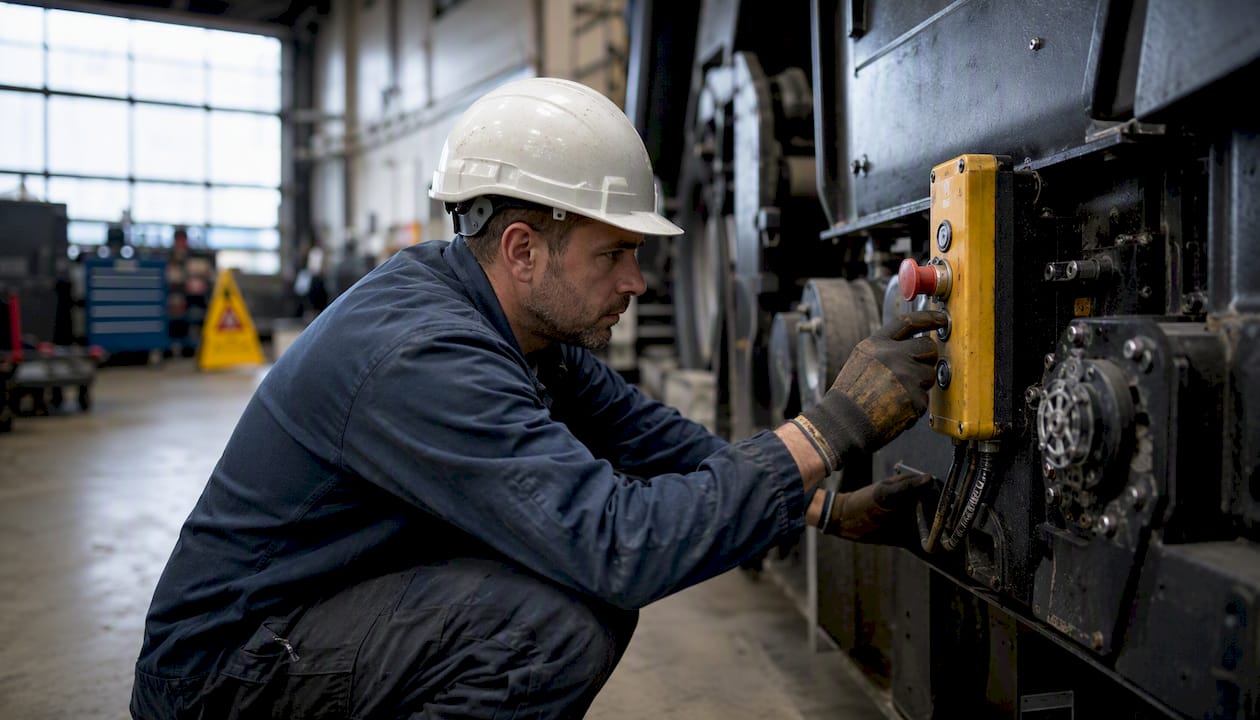Een technicus controleert of de machines veilig werken.