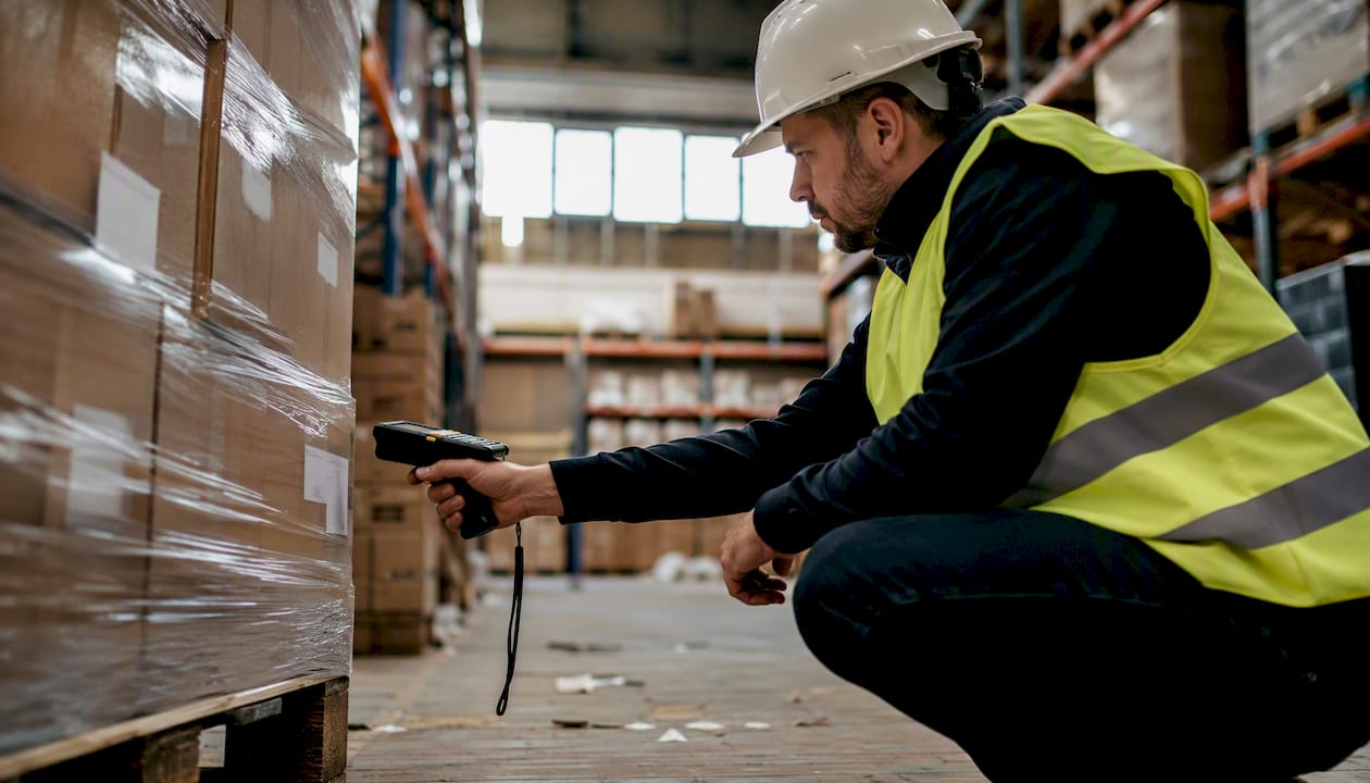 Een logistiek medewerker scant de voorraad in het magazijn.