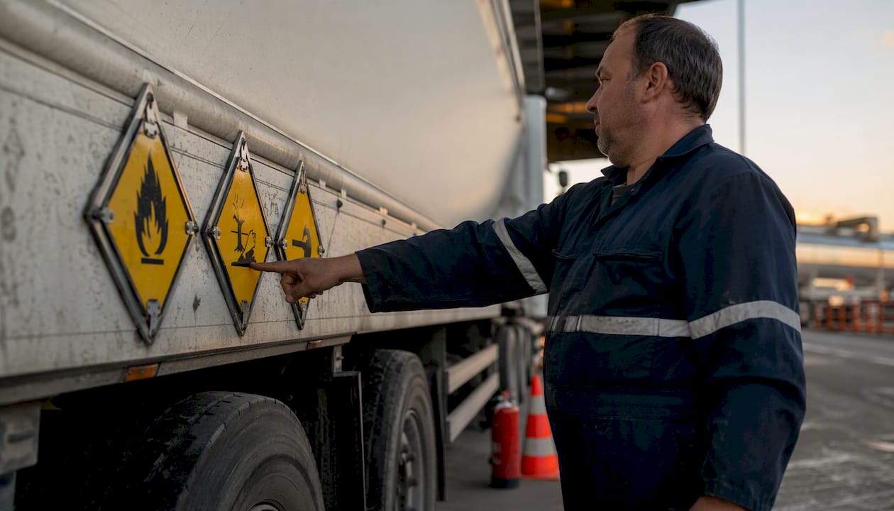Een vrachtwagenchauffeur controleert de ADR-gevarenborden op zijn voertuig.