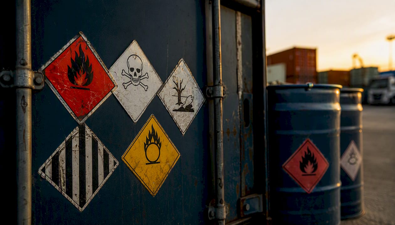 Duidelijke ADR-gevarenetiketten op vrachtcontainers