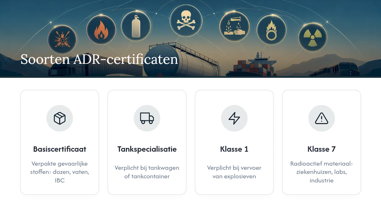 Overzichtsschema van de verschillende ADR-certificaten en hun specialisaties