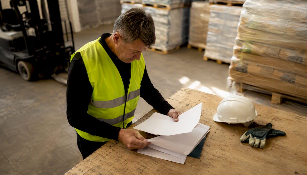 Een logistiek medewerker bekijkt aandachtig de contractdocumenten.