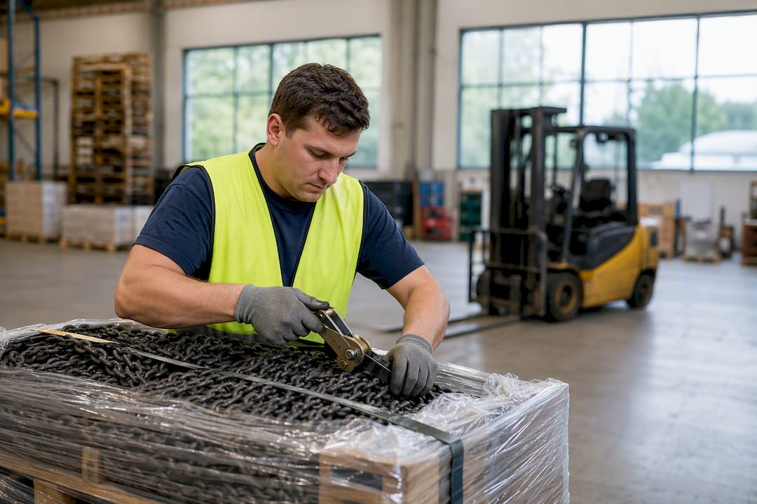 Logistiek medewerker die goederen zorgvuldig op een pallet stapelt en vastzet