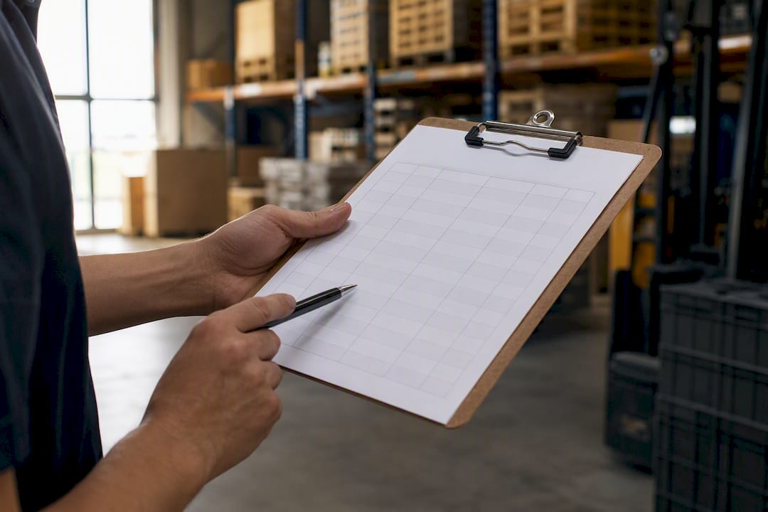 Hand die een leeg urenregistratieformulier op een clipboard vasthoudt