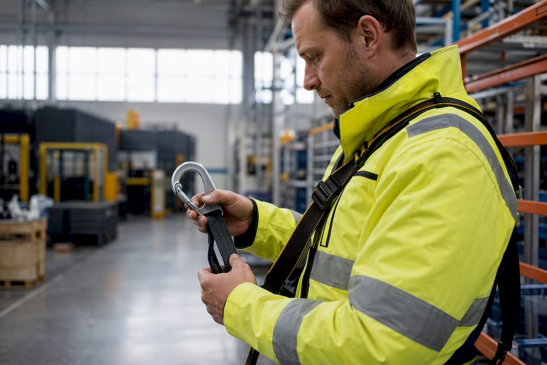 Handen controleren veiligheidsharnasclip op industriële locatie
