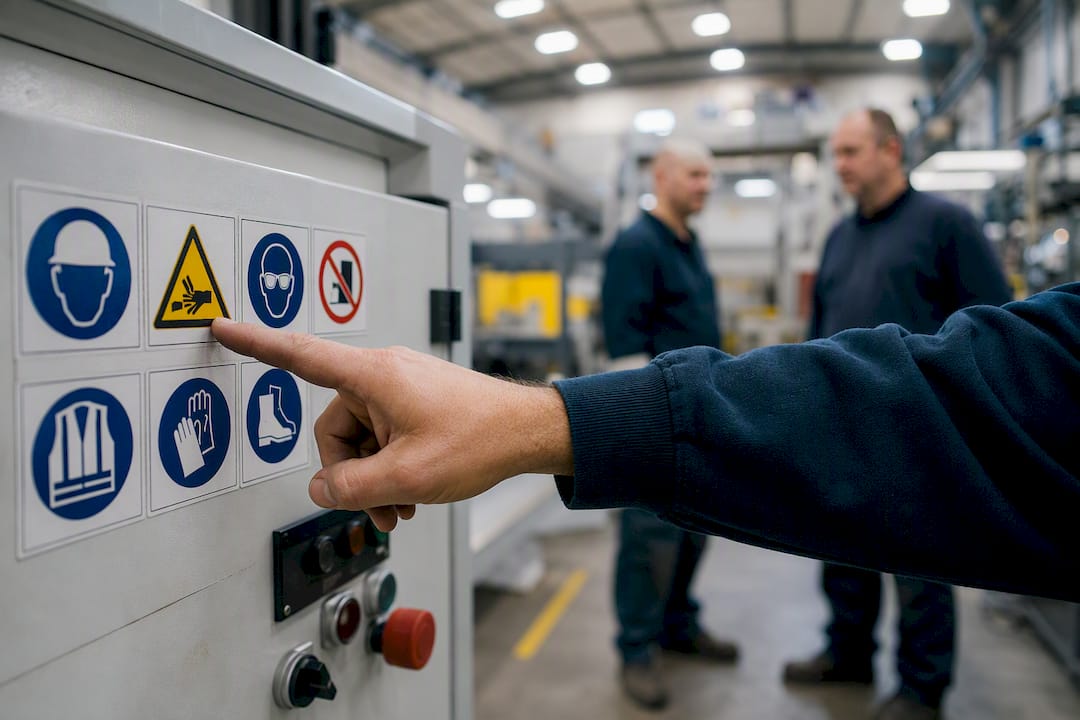 Hand die wijst naar een pictogram op het bedieningspaneel van een machine