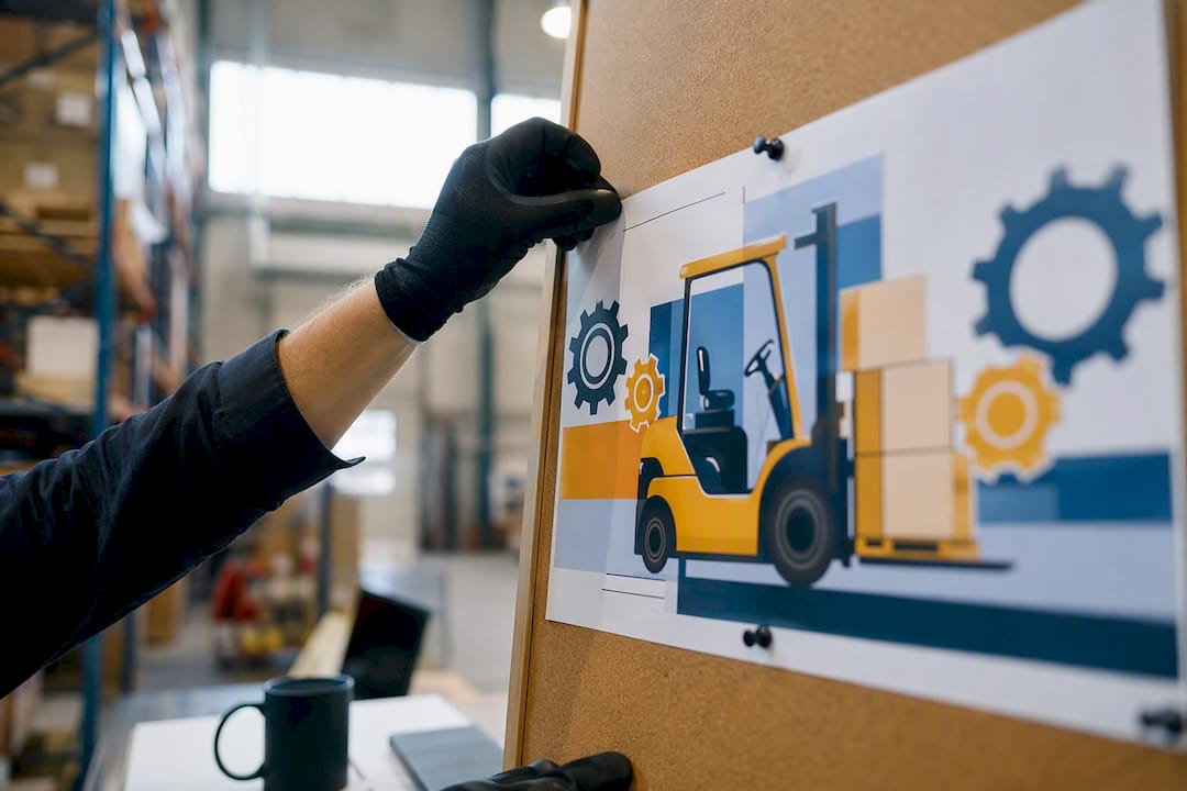 Hand met handschoen die een geïllustreerde kaart met technische termen vastzet