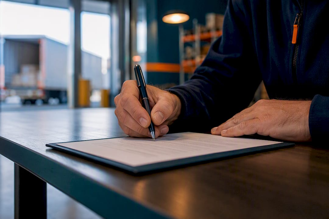 Het arbeidscontract wordt getekend in de logistieke hal