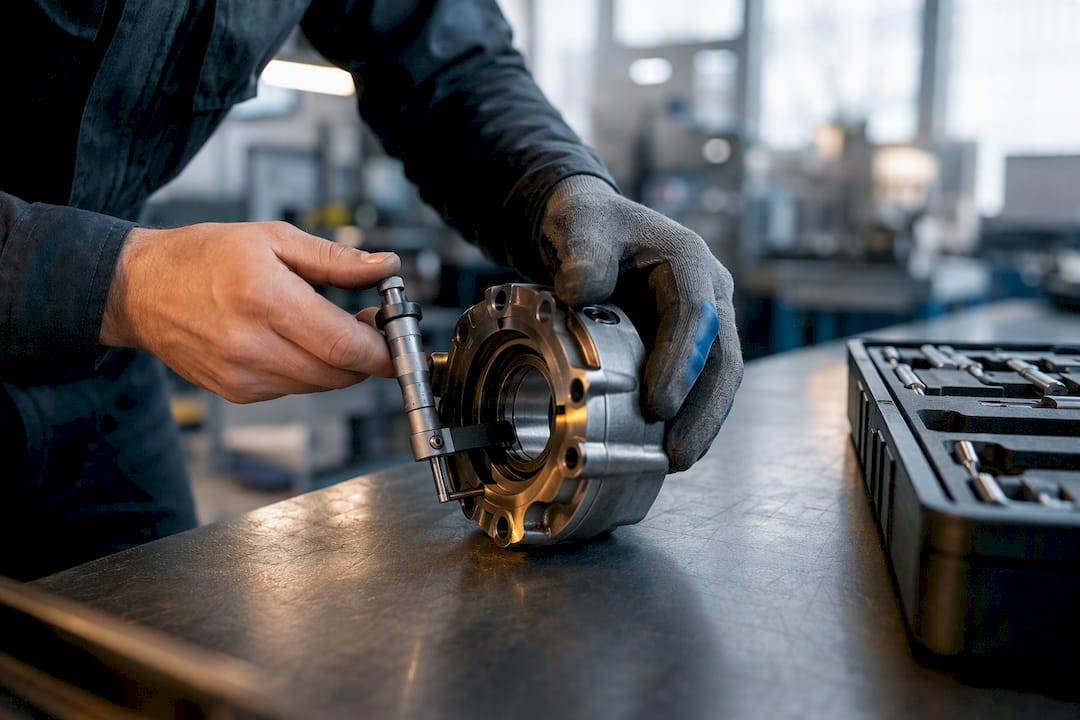 Monteur inspecteert machineonderdeel in de werkplaats