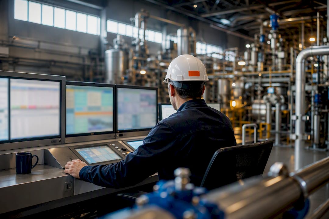 Een beginnende operator controleert de procesinstallatie