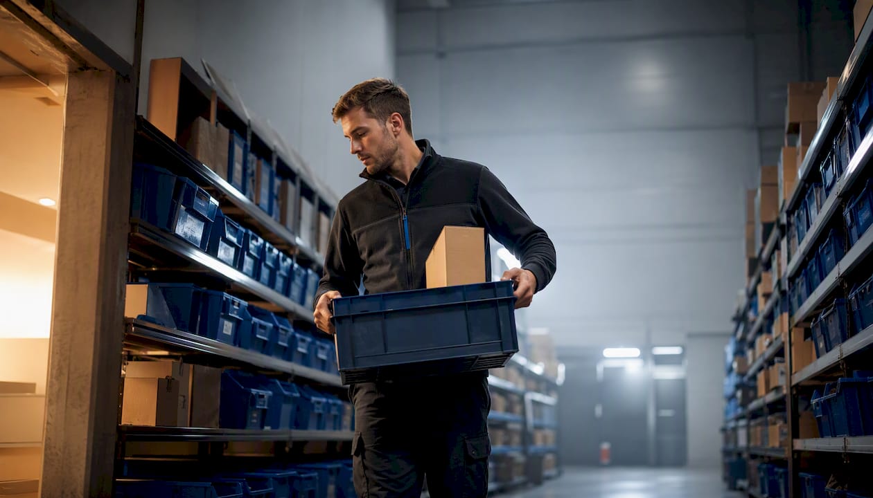 Logistiek medewerker verzamelt bestellingen in het magazijn
