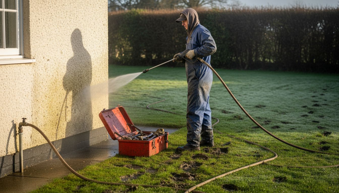 Technician testing pressure washer on render wall