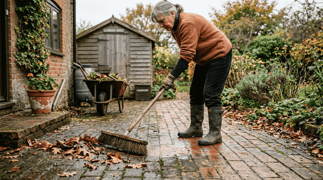 Woman cleaning walkway after moss removal