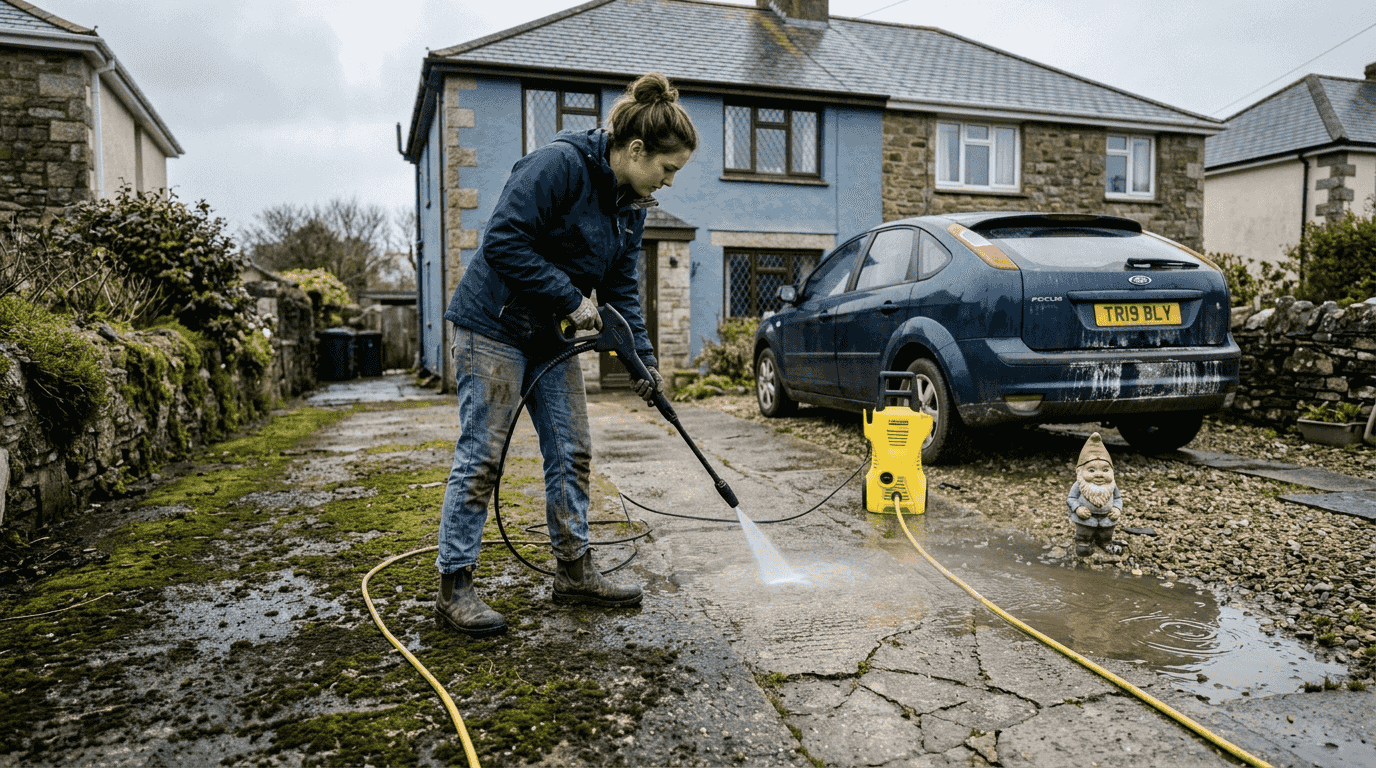 Pressure washing mossy driveway Cornwall