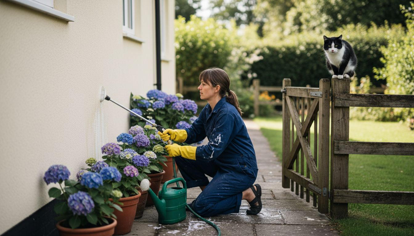 Worker applies eco-friendly cleaner to house wall