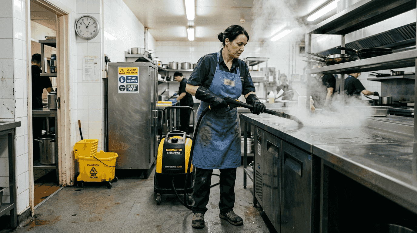 Operator steam cleans industrial kitchen surfaces