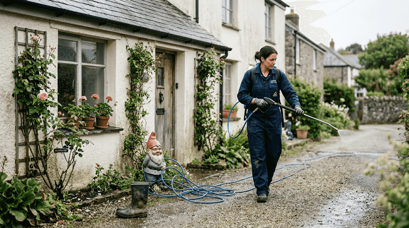 Cleaner soft washing Cornwall cottage exterior