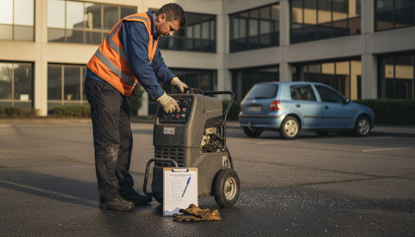 Technician prepares pressure washer safely in car park