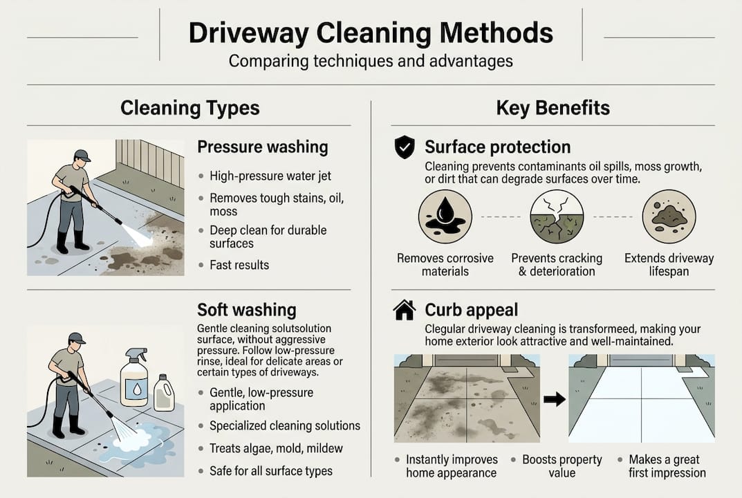 Methods and benefits of driveway cleaning infographic