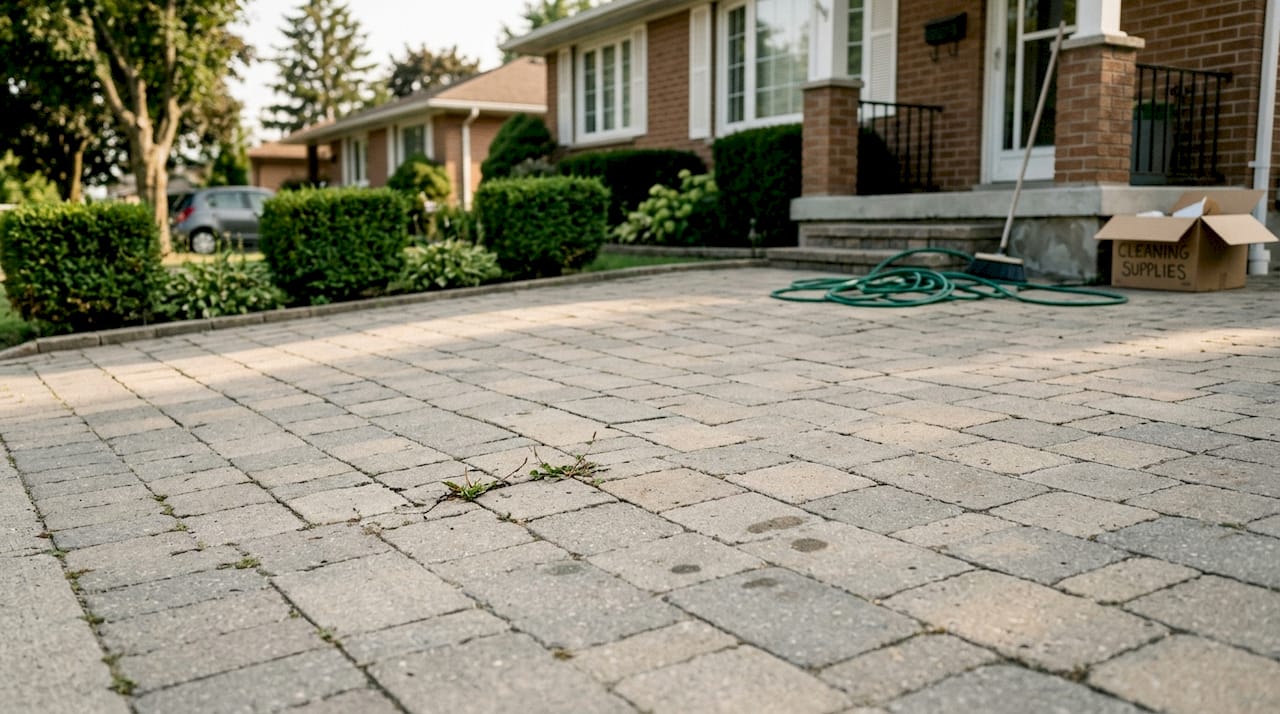 Clean driveway with minor imperfections and tools