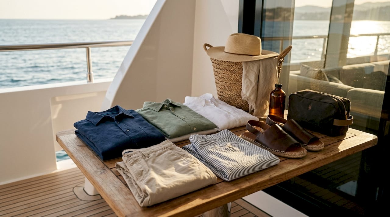 Minimalist clothing layout on yacht cabin table