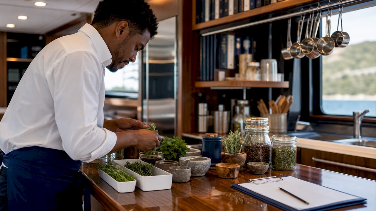 Yacht crew member preparing provisioning list in galley
