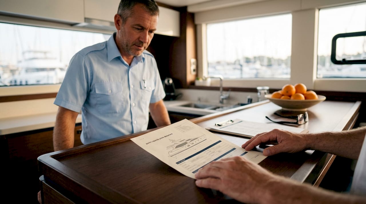 Captain examining yacht capacity plate document