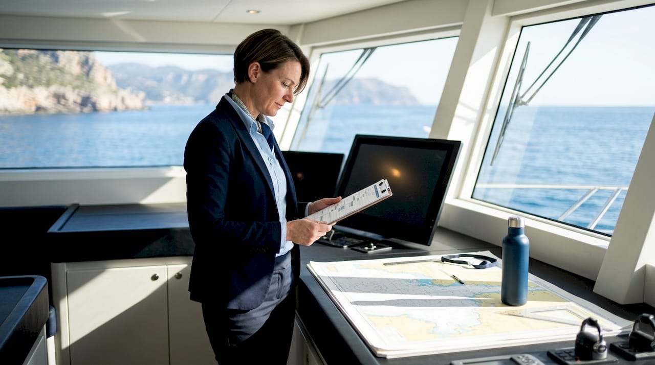Female yacht captain reviewing proposal timeline