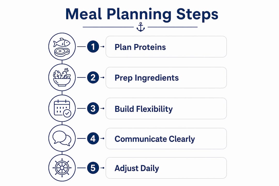 Infographic illustrating yacht family meal planning steps