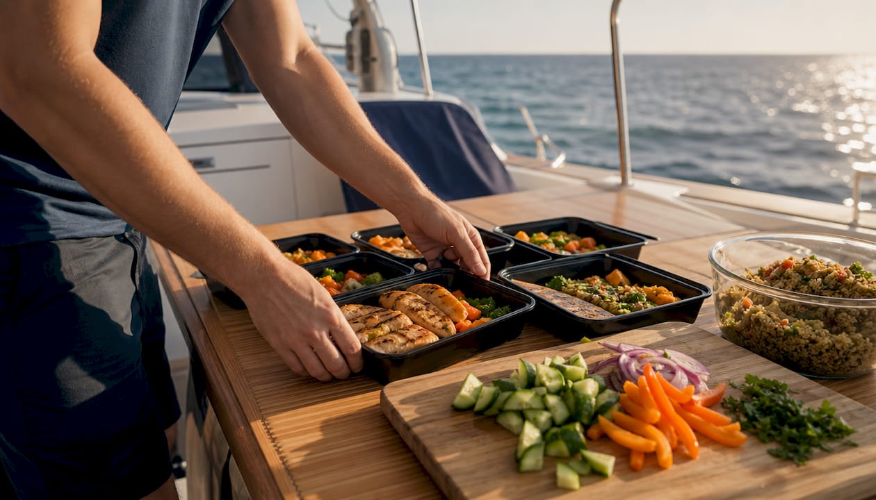 Hands arranging protein containers for yacht meals
