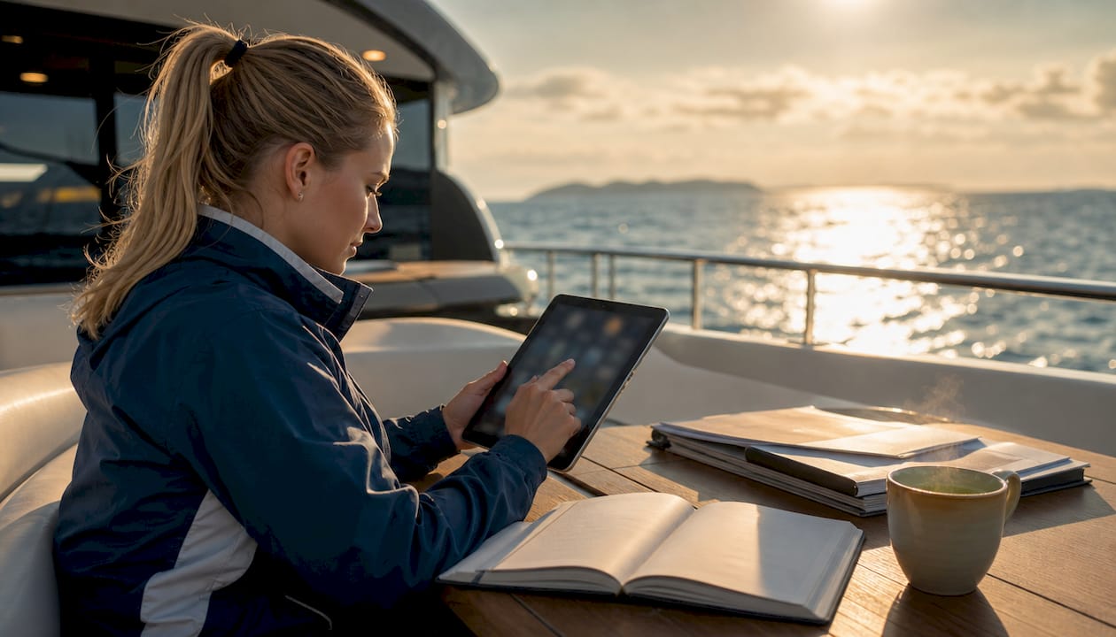 Technician using tablet for yacht connectivity details