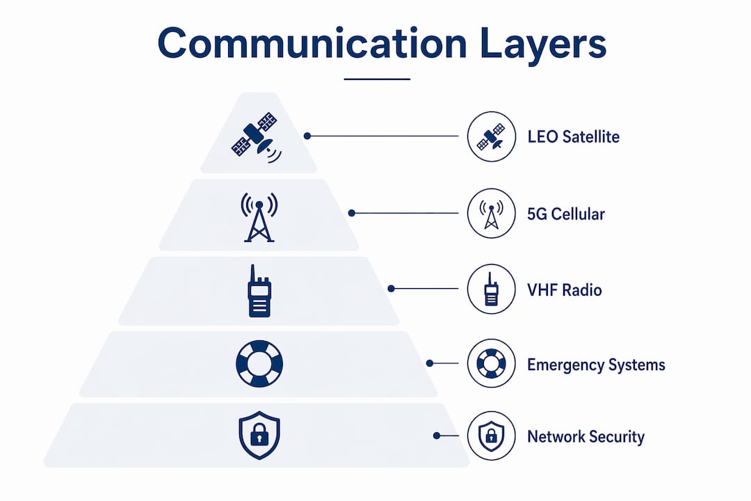 Infographic showing yacht communication system layers