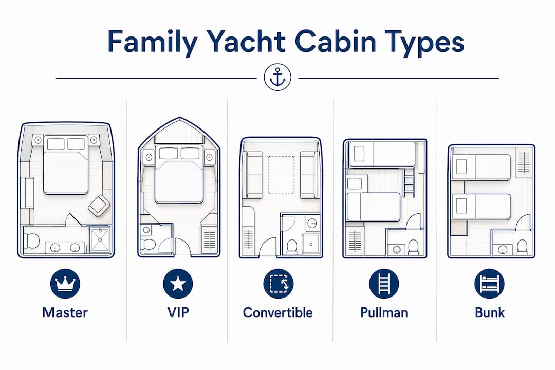Infographic showing family yacht cabin types hierarchy