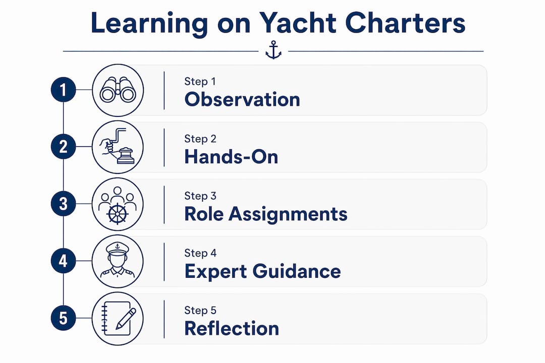 Infographic showing learning steps on yacht charters