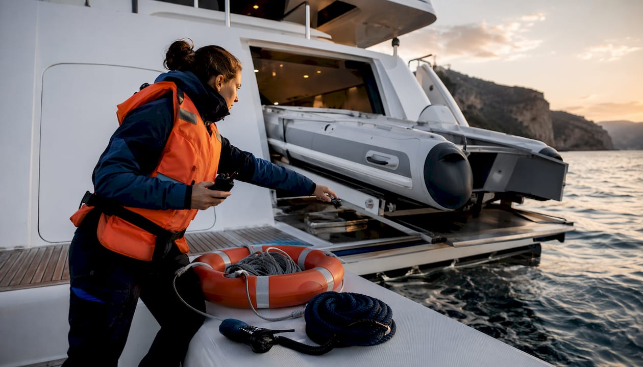 Crew member safely launching tender vessel from yacht