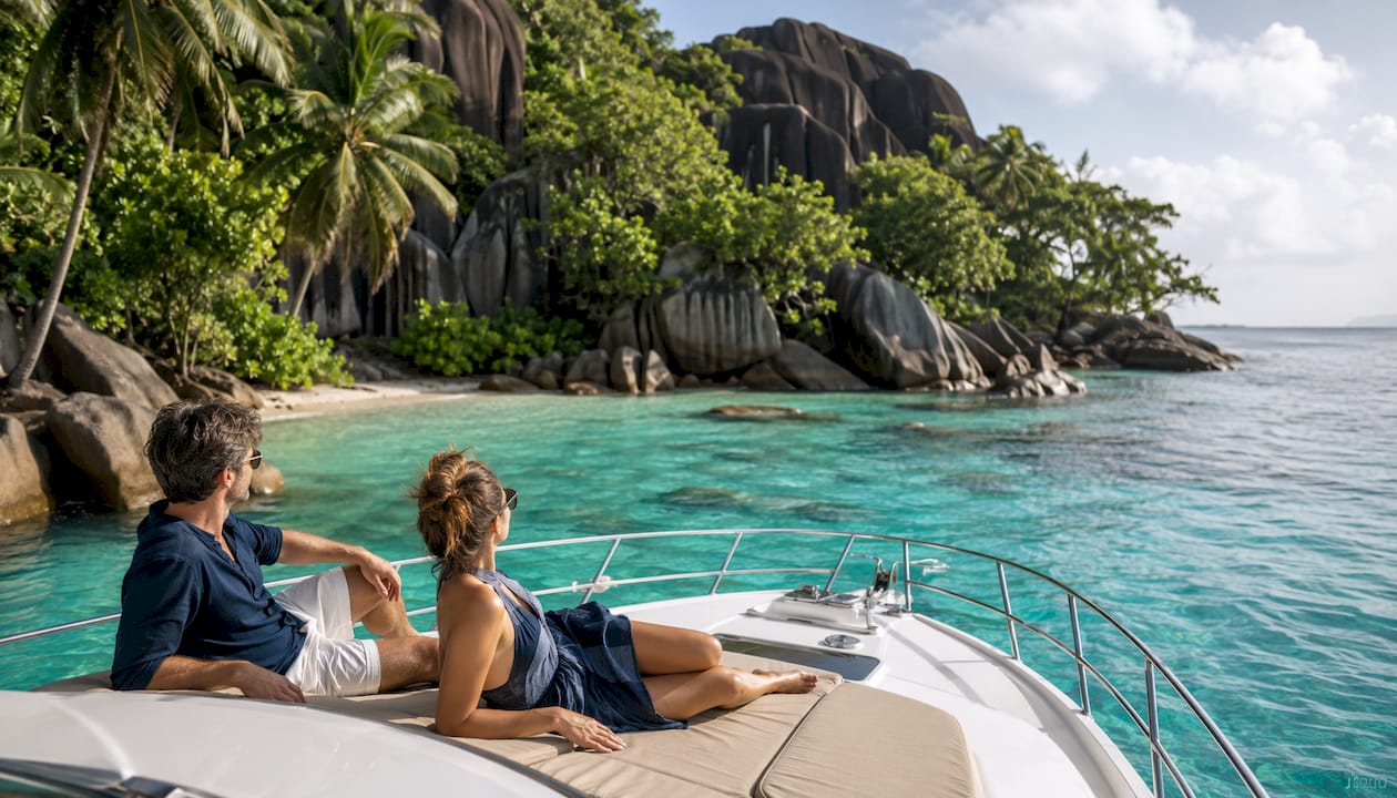 Luxury yacht anchored in secluded Seychelles bay