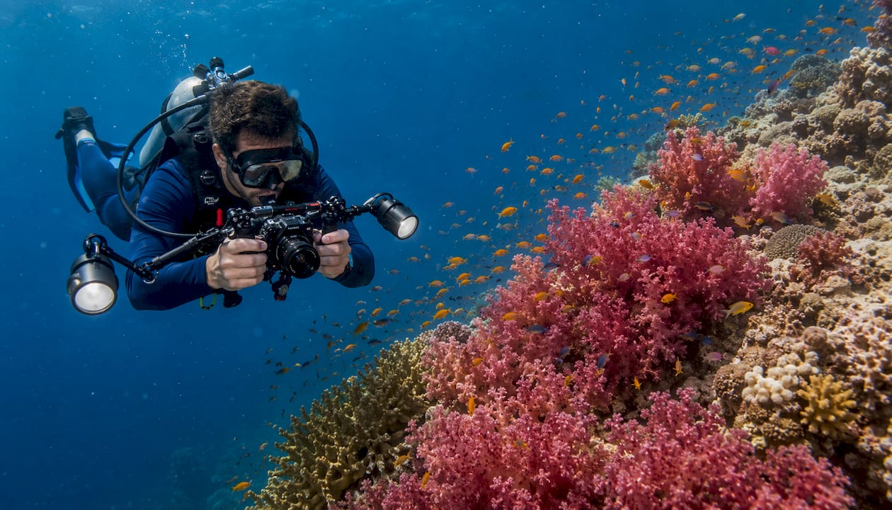 Diver photographing colorful coral reef underwater