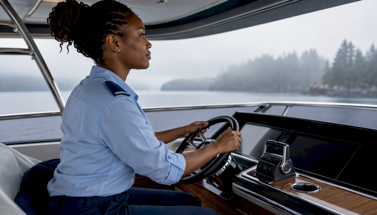 Woman captain piloting Azimut Magellano yacht