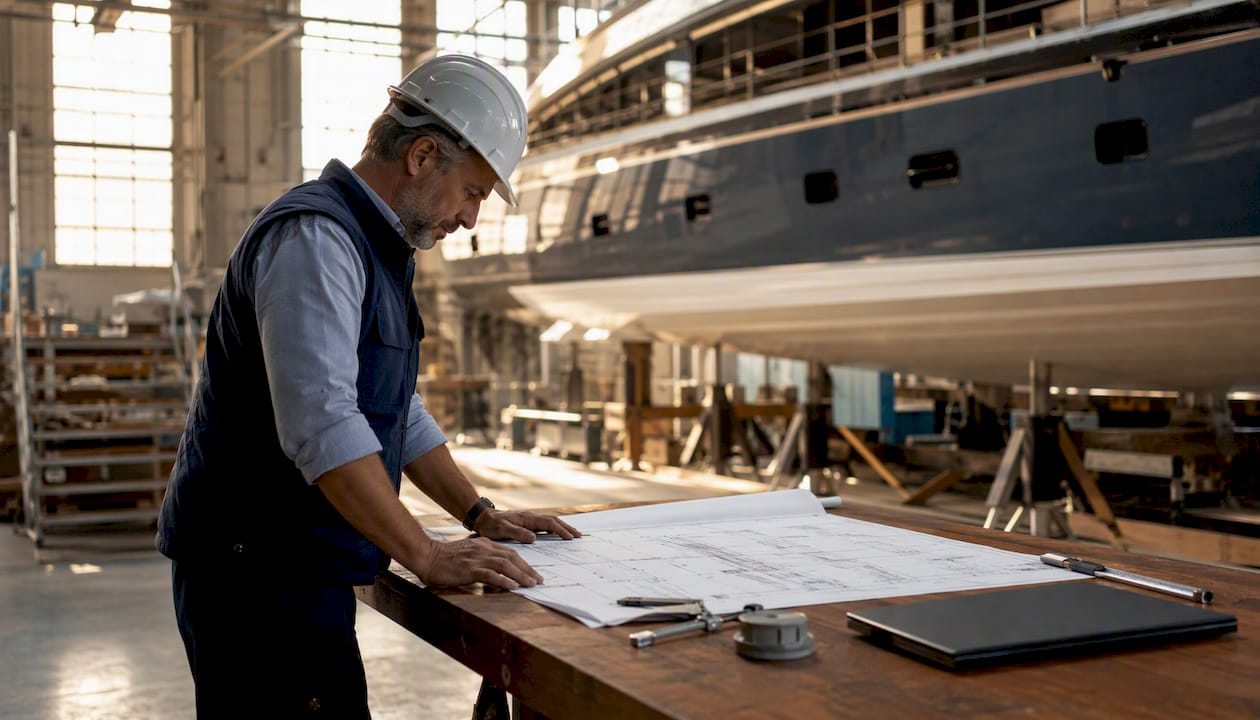 Engineer reviewing yacht refit plans in workshop
