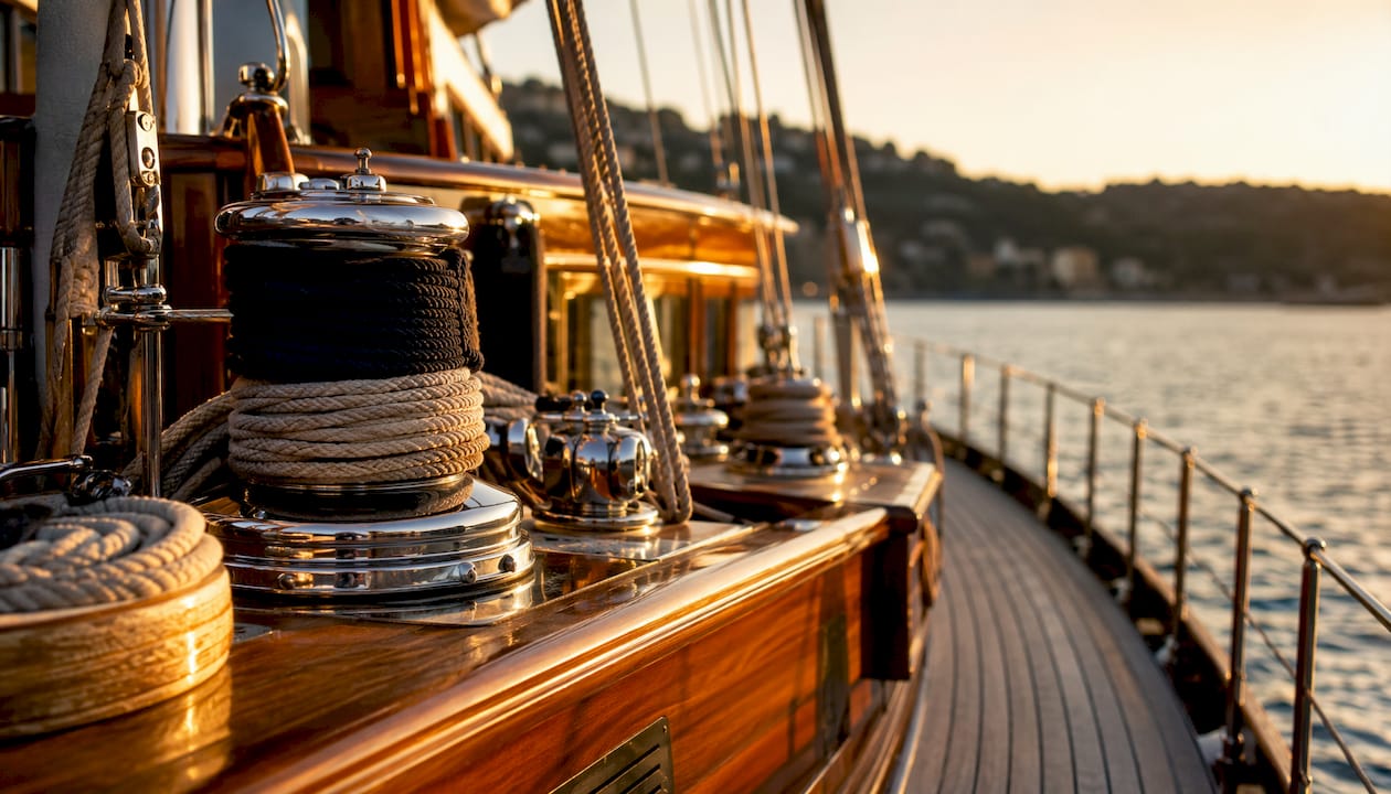 Superyacht deck rigging and equipment close-up