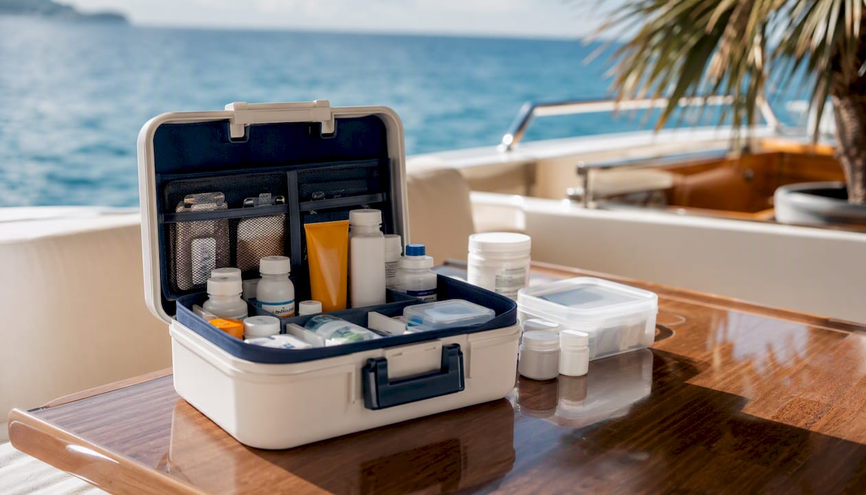 Children's first aid kit laid out on yacht table
